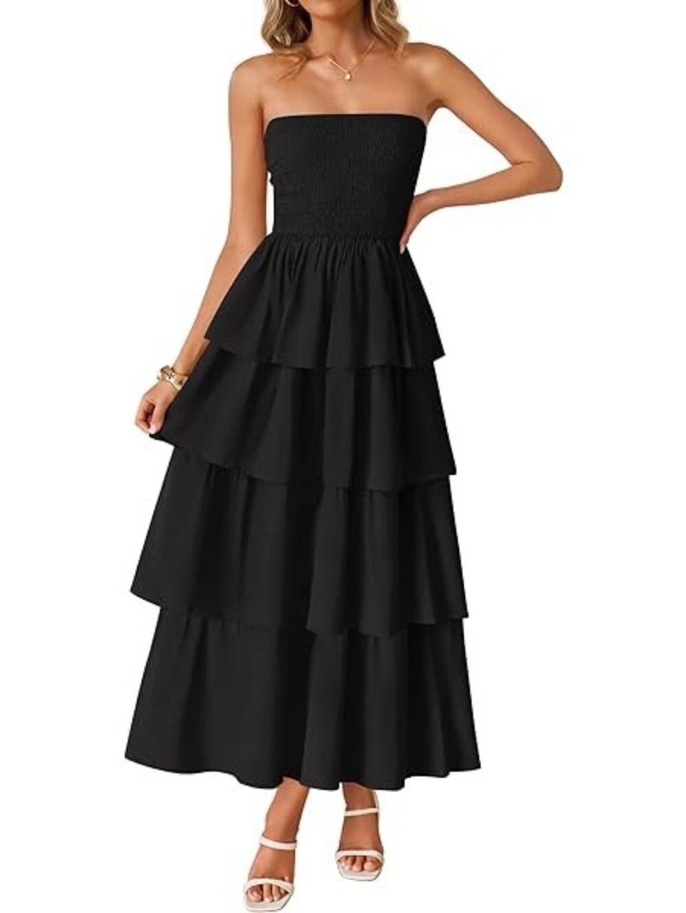 PrettyGarden Strapless Black Tiered Maxi Dress L